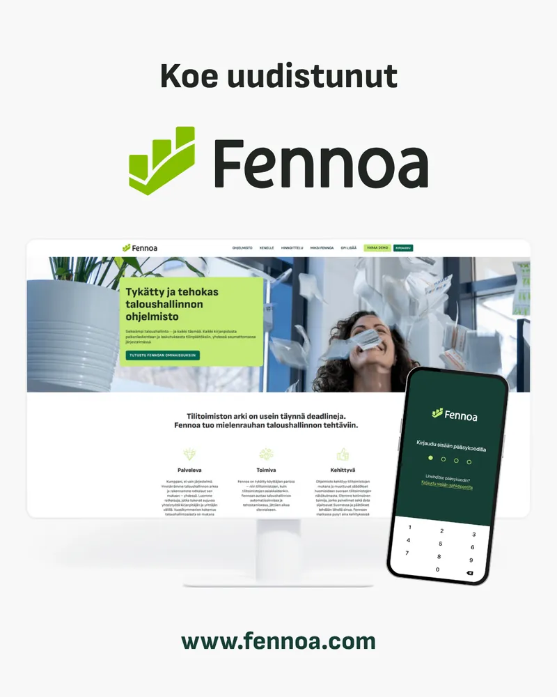 Koe uudistunut Fennoa: ohjelmiston näkymä tietokoneella ja puhelimella