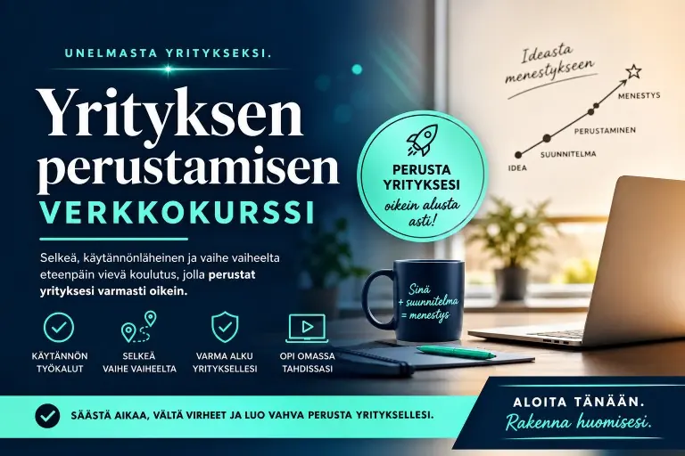 Yrityksen perustamisen verkkokurssin mainoskuva